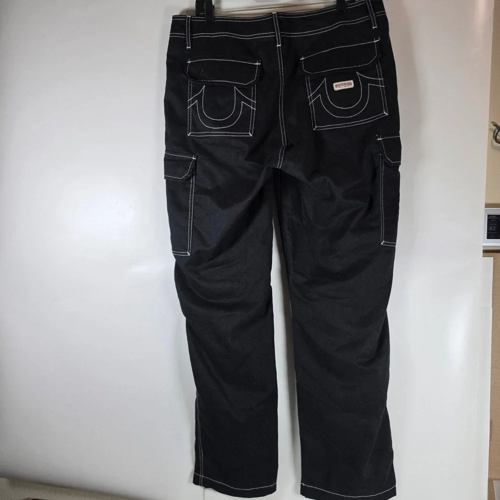 True Religion Mens‎ Black Cargo Pants White Contrast Stitching 34x31 Utility
